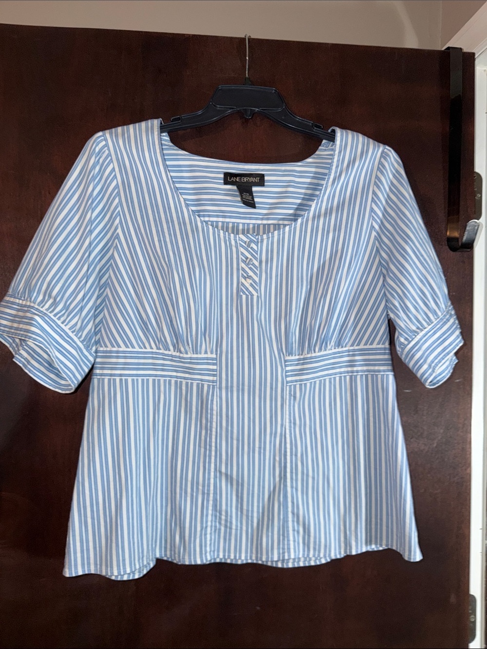 Lane Bryant Light Blue & White Striped Scoop-Neck Blouse